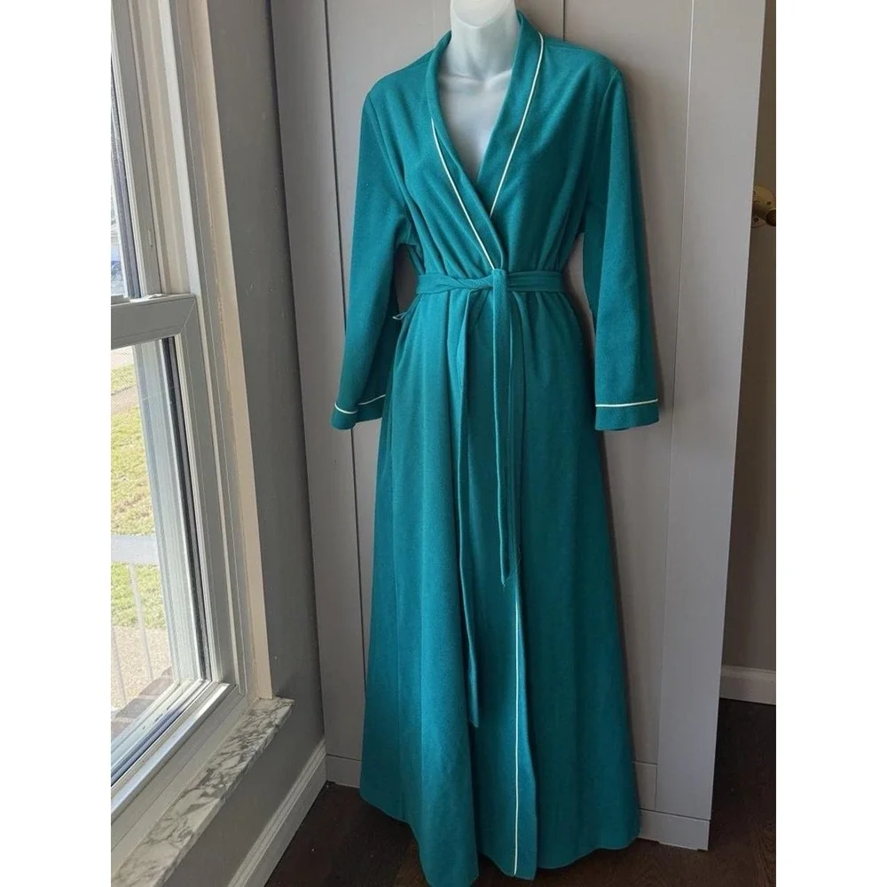 Vintage 70s Vanity Fair Teal Glam Robe Loungewear Size Large Luxury